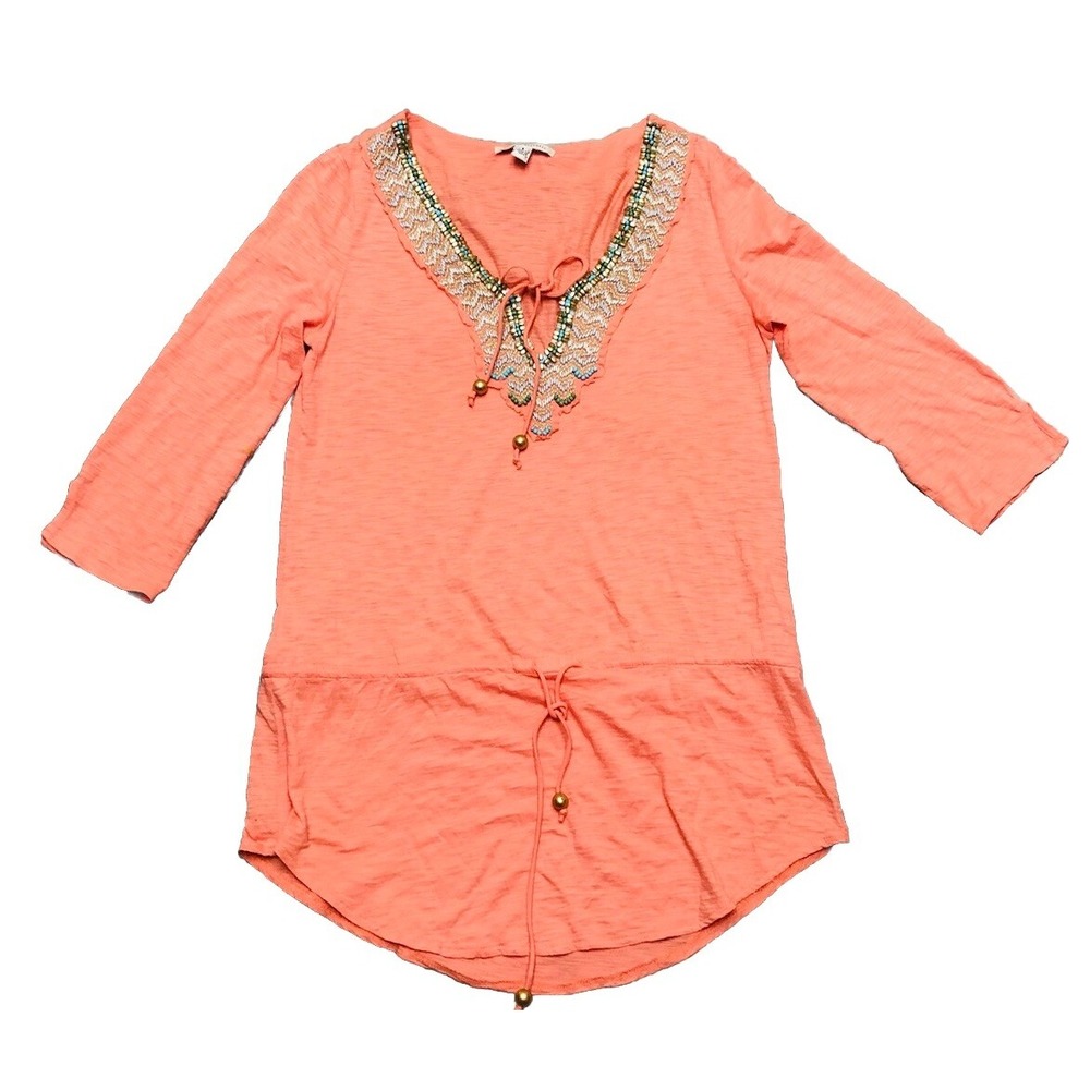 Banana Republic Top S Orange Burnout Embellished V Neck Tie Waist Beaded Boho